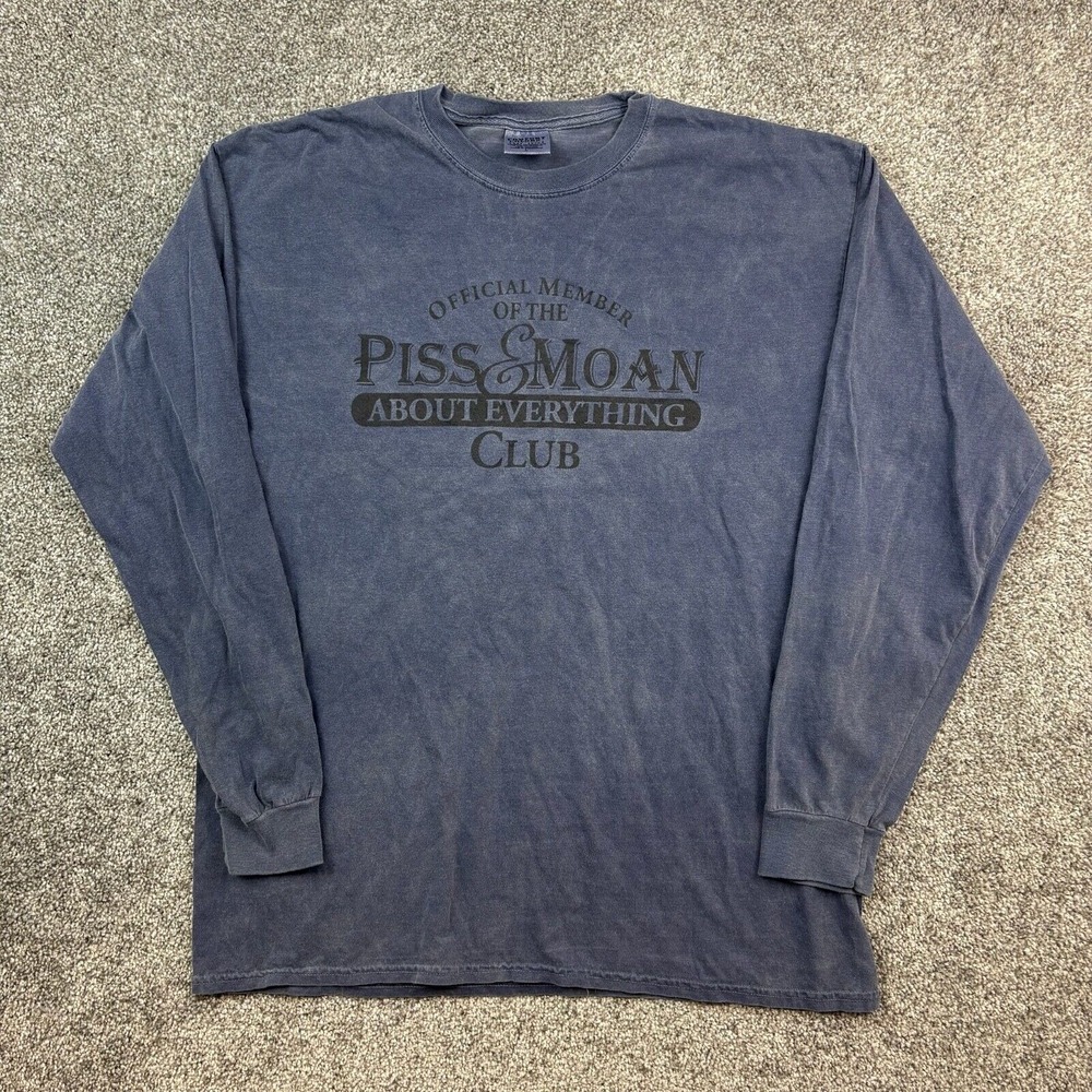 Vintage Y2K Piss & Moan About Everything Club Shirt Mens L Navy Blue Long Sleeve
